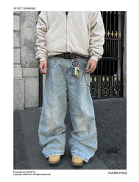 American-style Side Double-oblique Pleated Washed Wide-leg Jeans
