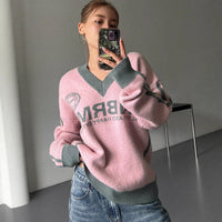 Hot Girl Loose Preppy Style Casual Contrast Color Lazy Sweater
