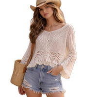 Womens Loose-Fitting Knitted Hollow-Out Crochet Blouse