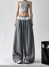 Solid-color Loose-fit Lace Drawstring Casual Korean-style Draping Sporty Laid-back Style