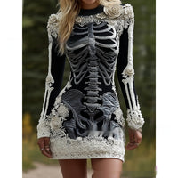 Fashionable Crew-Neck Sweater Dress With A Halloween Skeleton Print