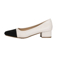 Womens French-style Soft Leather Patchwork Chanel-inspired Chunky-heel Square-toe Pumps