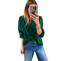Women's Solid-color V-neck Long-sleeve Chiffon Blouse With Bow Tie Straps