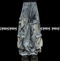 Multi-Pocket Graffiti Splatter Streetwear Ripped Wide-Leg Denim Jeans