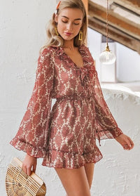 Ruffled printed long-sleeved V-neck short jumpsuit women loose