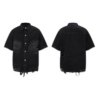 Cut Edge Stitching Leopard Print Denim Short Sleeve