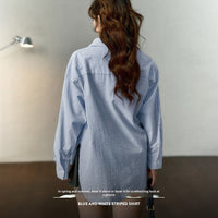 Women's French-style Blue Sun-Protective Casual Cotton-Linen Striped Shirt