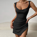 Womens Low-cut Dress European And American Style Summer Short Sleeves Open Back Side Slit