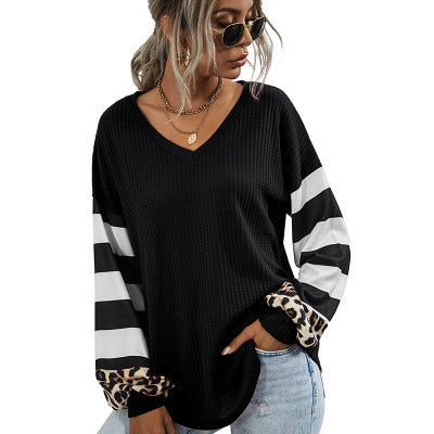 Striped stitching long-sleeved T-shirt women