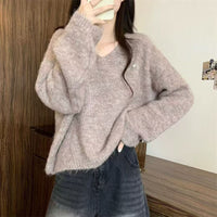 Loose V-neck Fluffy Versatile Casual Minimalist Knit Top