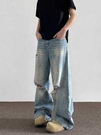 Wide Leg Straight Cat Beard Water Washed Hole Jeans