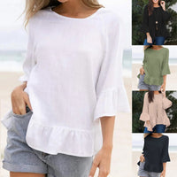 Women's Ruffled Cotton And Linen Style Solid Color T-shirt Casual Beach Blouse