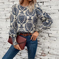 Printed Lantern Sleeve Round Neck Tied Shirt Top