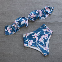 One-shoulder Lotus Split High Waist Leaf Print Swimsuit
