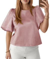 Womens Round-neck Satin Puffed-sleeve Pullover Doll Shirt Top
