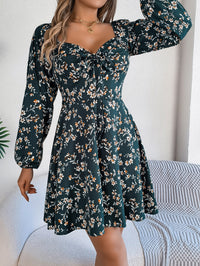 Women's Casual Sexy Tie Waist Square Neck Floral Print Long Sleeve A-Line Dress