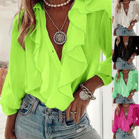 Women's V-neck Long-sleeve Ruffled-trim Top