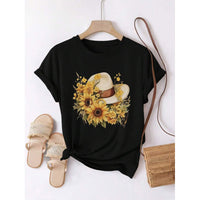 Womens Loose-Fit Crew-Neck T-Shirt With A Pure Cotton Sunflower Straw Hat Design