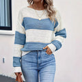 Women's Knitted White And Blue Stitching Crew Neck Pullover Sweater