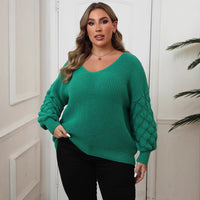 Plus Size Women's Pineapple Sleeve Stitching Deep V Woven Leisure Pullover Sweater