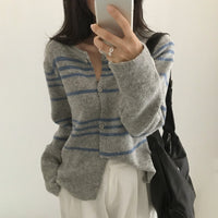Retro Contrast Color Striped Sweater Coat Knitted Cardigan
