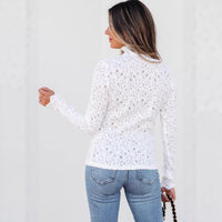 Womens Fashionable Lace Long-Sleeve Solid-Color Pullover Turtleneck Base Layer Shirt