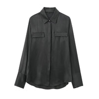 Womens Multi-Colored Shirt With Pocket Detail Lapel Collar And Silk-Satin Texture