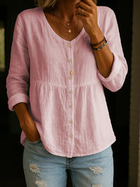 Casual Loose Fashion Cotton And Linen Long Sleeve V-neck Buttons Shirt
