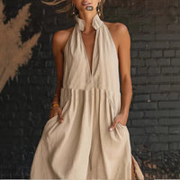 Elegant Resort-Style Mandarin-Collar Cotton-Linen Dress