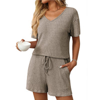 Solid-color Ribbed Sleepwear Short-sleeve Loungewear Set