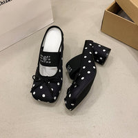 French Retro Bow Mary Jane Shoes With Toe Caps, Half Drag Ballet High Heels, Women's Casual Thick Heels