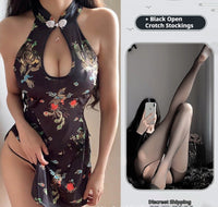 Straw Girl Improved Retro Printed Cheongsam Slit Sleeveless Bodycon Halterneck Nightdress