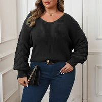 Plus Size Women's Pineapple Sleeve Stitching Deep V Woven Leisure Pullover Sweater