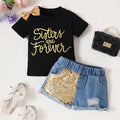 Girls Bow Short Sleeve Letter Jacket Phnom Penh Sequins Ripped Denim Shorts Suit