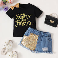 Girls Bow Short Sleeve Letter Jacket Phnom Penh Sequins Ripped Denim Shorts Suit