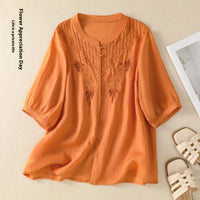 Artistic Retro Embroidery Five-quarter Sleeve Stand Collar Shirt For Women