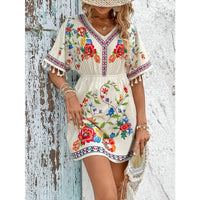 Bohemian Retro Ethnic Print Temperament Waist-controlled Slimming And Short Holiday Dress