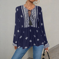 Retro National Style Half-open Collar Lace-up Loose Lantern Sleeve Shirt