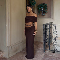 Sexy Pleated Midriff-Baring Tank Top And Skirt Set