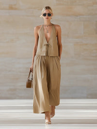 Fashionable Casual Sleeveless Vest And Loose Wide-Leg Pants Womens Set