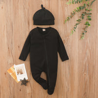 Boys And Girls Long Sleeve Solid Color Waffle Zipper Jumpsuit Foot-wrapped Romper