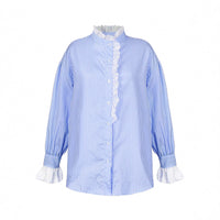 Korean-style Elegant, Effortless Striped Lace-Patchwork Womens Shirt