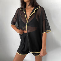 See-through Cardigan Pajamas Two-piece Set For Women