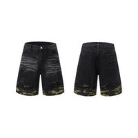 Cut Edge Stitching Leopard Print Denim Short Sleeve