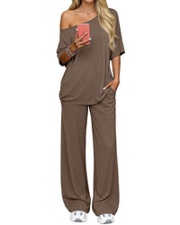 Off-shoulder Loose Casual Short-sleeve Top And Wide-leg Pants Two-piece Set