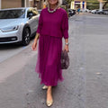 Womens French-Style Retro Elegant Casual Patchwork Solid-Colored Mesh Dress