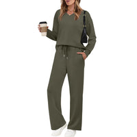 Long-sleeve Drawstring Solid-color Casual Pants Set