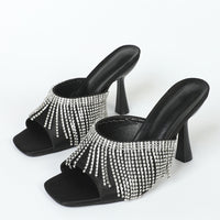 Rhinestone Square Head Satin High Heel Sandals