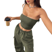 Womens Solid-Color Casual Tube Top And Overalls Two-Piece Set