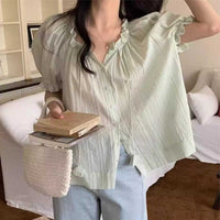 Women's Drawstring Wooden Ear Design Loose Puff Sleeves Shirt
